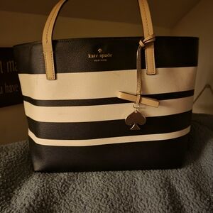 kate spade Black and Cream Striped Tote with Spade Charm
